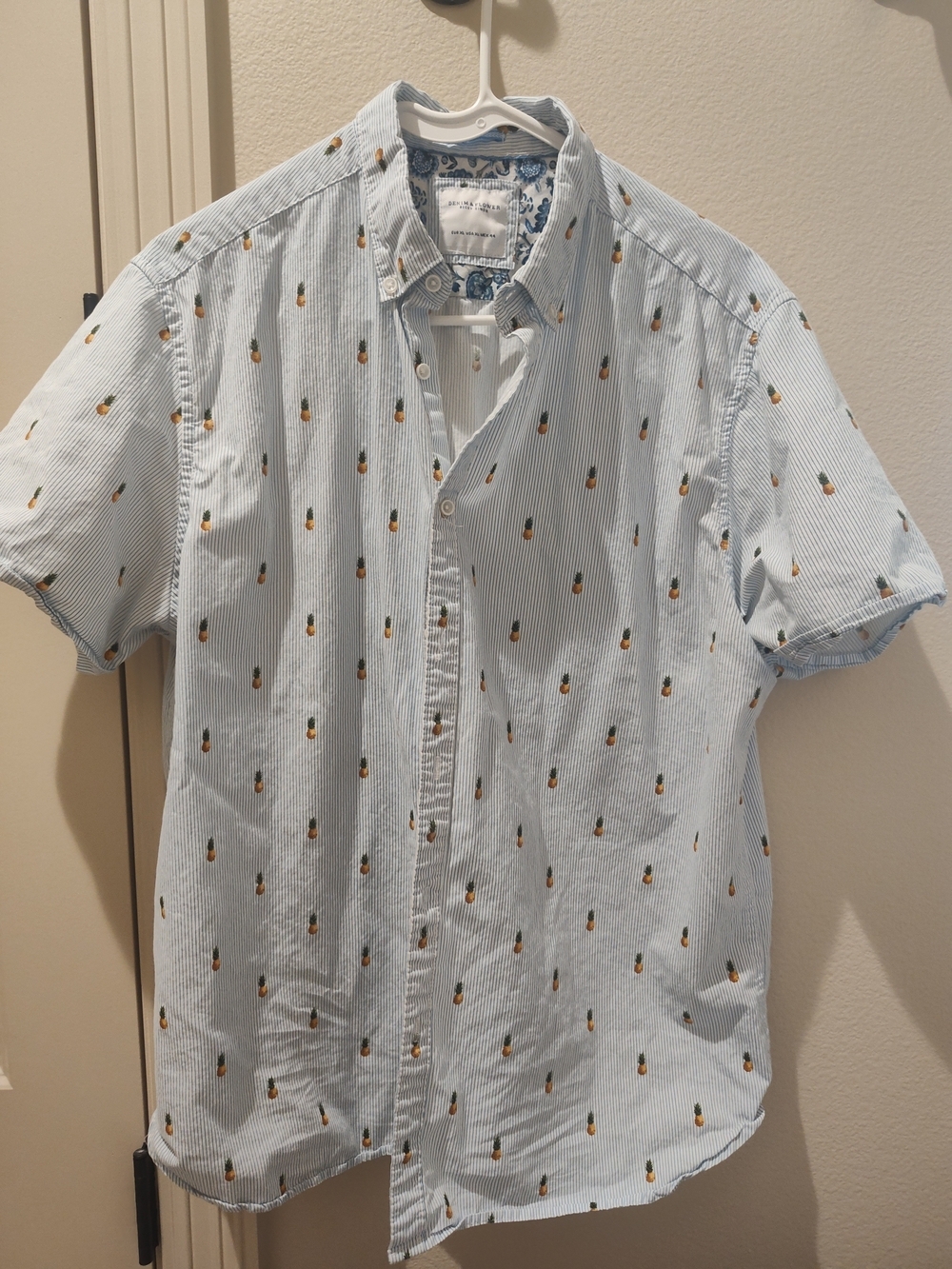 Denim & Flower Light Blue Striped Short-Sleeve Button-Down with Pineapple Print